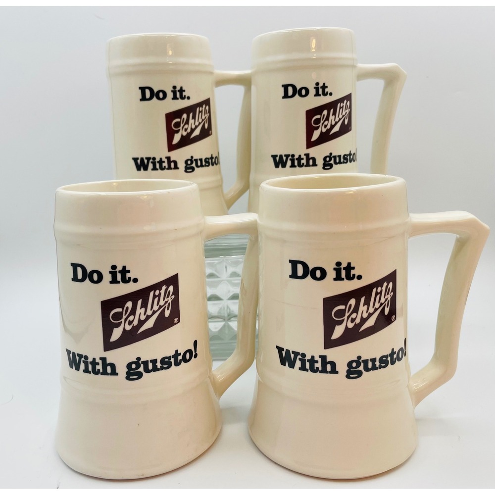 Vintage Schlitz Beer Stein Set 4 Indianhead Mountain NASTAR 1972-73 USA Cream